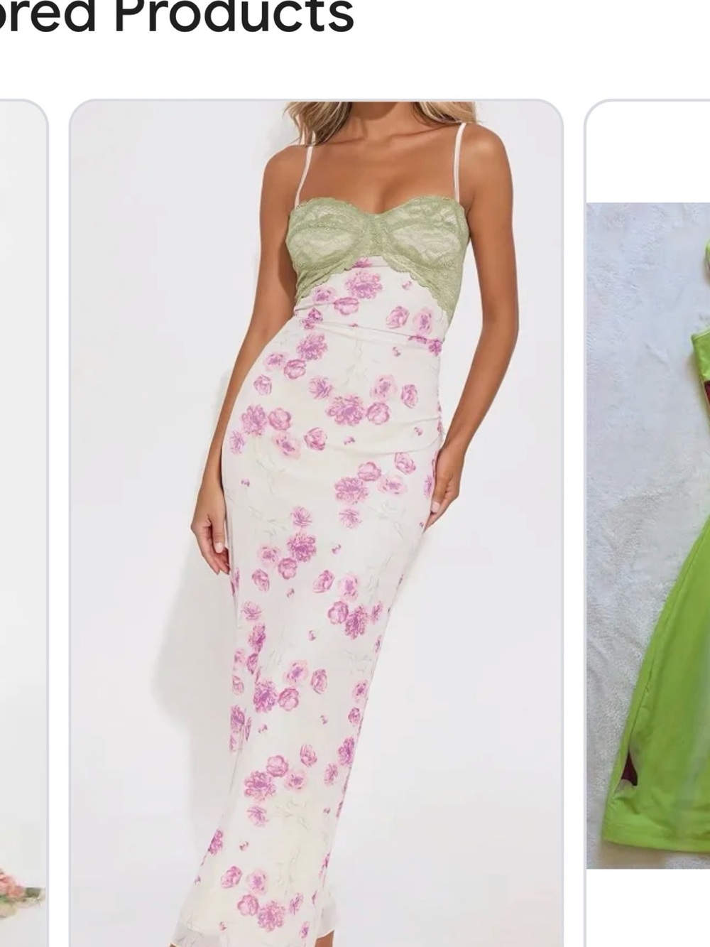 Fashion Nova Cream Slip Dress with Olive Lace Trim